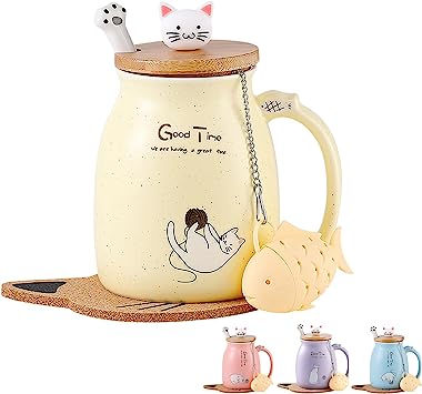 Cat Mug Cute Ceramic Coffee Cup with Lovely Kitty Wooden lid Stainless Steel Spoon,Novelty Morning Cup Tea Milk Christmas Mug 380ML (Yellow)