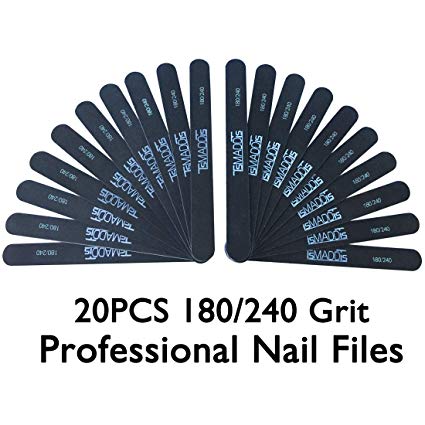 TsMADDTs Professional Nail Files 180 240 Grit Double Sided Black Emery Board Washable 20pcs - For Smooth & Shiny Nails - Home or Professional Manicure/Pedicure