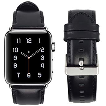 RUOQINI For Apple Watch Band 42MM, Genuine Leather Strap Retro Style Replacement Band for Apple Watch Series 3, Seires 2, Series 1 (Black with Silver Metal)