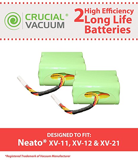 2 Neato Long Life High Efficiency Replacement Batteries; Fits Neato Models XV-11, XV-12, XV-15, XV-21; Part # 945-0005, 205-0001, 945-0006, 945-0024; Designed & Engineered by Crucial Vacuum