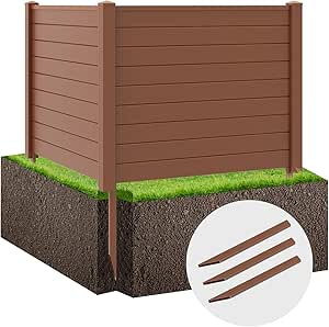 Giantex Air Conditioner Fence 2 Panels - 48''W x 36''H Outdoor Privacy Screen Trash Can Enclosure with 3 Stakes, PVC Vinyl Freestanding Picket Fences for Garden Patio Lawn AC Unit Pool Pump, Brown