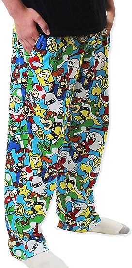 Super Mario Brothers Luigi Bowser Mens Button Fly Cotton Pajama Sleep Pants