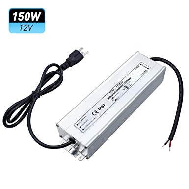 LightingWill Waterproof IP67 LED Power Supply Driver Transformer 150W 110V AC to 12V DC Low Voltage Output with 3-Prong Plug 3.3 Feet Cable for Outdoor Use