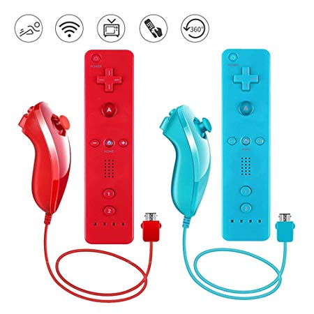 Lactivx Nunchuck and Wii Remote Controller Compatible with Nintendo Wii Wii U Console - with Silicone Case and Strap (Red and Blue.)