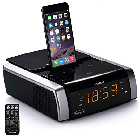 VELOUR iPhone Docking Station with Speaker, Charge/Play for iPhone X/8/8plus 7/7plus 6/6s/6splus 5/5s/5c via Apple MFi Certified Lightning Connector, with Clock Dual Alarm Radio Bluetooth USB AUX-in