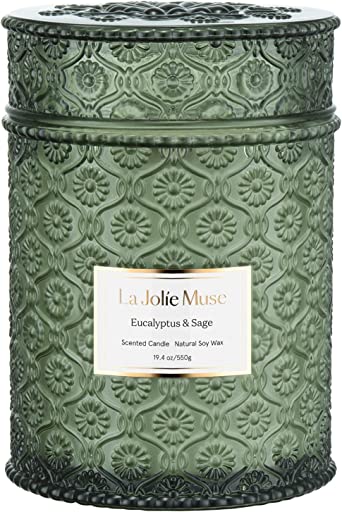 LA JOLIE MUSE Scented Candles Eucalyptus & Sage, Large Wood Wicked Candles, Decorative Candles in Glass, Natural Soy Wax, 19.4oz 90hours