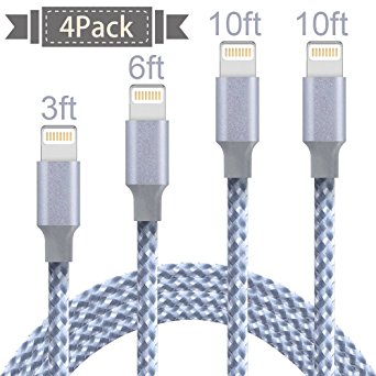 Lightning Cable,ONSON Charger Cables 4Pack 3FT 6FT 10FT 10FT to USB Syncing and Charging Cable Data Nylon Braided Cord Charger for iPhone 7/7 Plus/6/6 Plus/6s/6s Plus/5/5s/5c/SE and more-GrayWhite