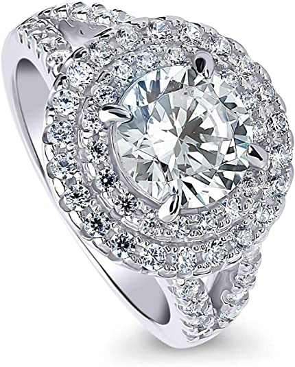 BERRICLE Rhodium Plated Sterling Silver Round Cubic Zirconia CZ Statement Halo Engagement Split Shank Ring 2.79 CTW