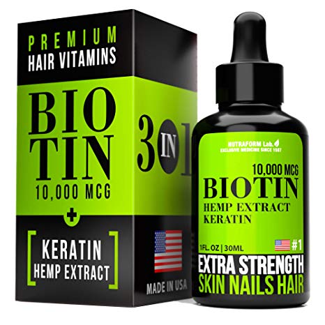 3-in-1 Maximum Potency Biotin 10000 mcg, Hemp & Keratin - Stronger & Healthier Hair, Skin, Nails & Calming Effect | Organic Revolutionary Supplement | Made in USA | Visible Effect