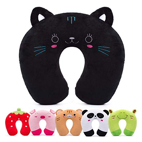 HOMEWINS Travel Pillow for Kids Toddlers - Soft Neck Head Chin Support Pillow, Cute Animal, Comfortable in Any Sitting Position for Airplane, Car, Train, Machine Washable, Children Gifts (Cat)
