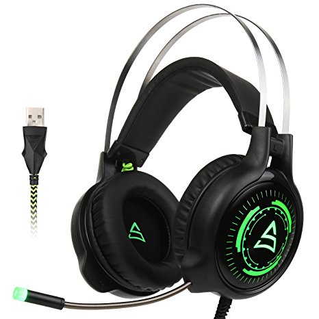 [2017 Newly Updated USB Gaming Headset] SUPSOO G815 Gaming headphone Computer Over Ear Bass Stereo Gaming Headsets With Mic Noise Isolating Volume Control LED Light For PC & MAC (Black & Green )