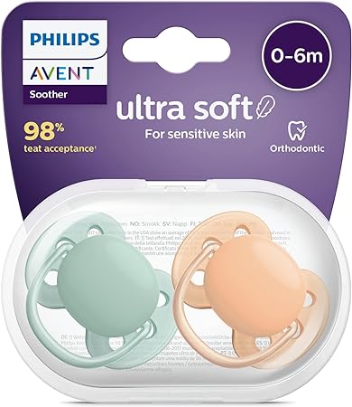 Philips Avent Ultra Soft Pacifier 2 Pack - BPA-Free Dummy for Babies from 0-6 Months, Orange/Green (Model SCF091/03)