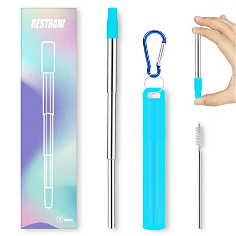 Metal Straws Reusable Collapsible Stainless Steel Straws Portable Telescopic Drinking Straw for Tumbler Cold Beverage with Aluminum Key-chain Cases, Cleaning Brushes