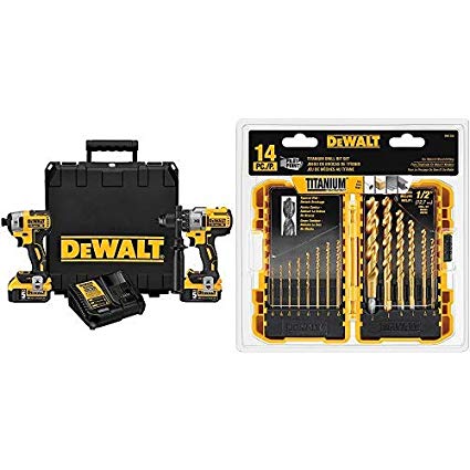 DEWALT DCK299P2 20V MAX XR 5.0Ah Premium Cordless Hammerdrill & Impact Driver Combo Kit with DW1354 14-Piece Titanium Drill Bit Set