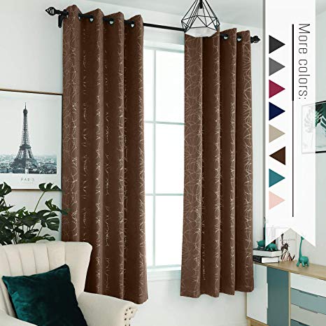 Sophia & William 52" W x 63" L Blackout Curtains with Grommets Thermal Insulated, Hot Stamping (Silver) Stitched Swirl Pattern - 2 Panels, Cocoa Brown