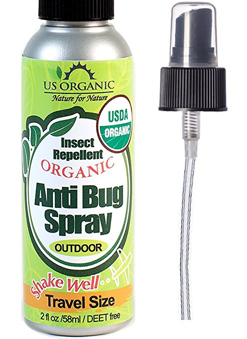 US Organic Mosquito Repellent Anti Bug Outdoor Pump Sprays, 2 Ounces Travel Size, USDA Certification, Cruelty Free, Proven results by Lab testing, Deet-Free