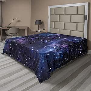 Ambesonne Space Flat Sheet, Mystical Sky Star Clusters Cosmos Nebula Celestial Scenery Artwork, Soft Comfortable Top Sheet Decorative Bedding 1 Piece, King Size, Purple Dark Blue