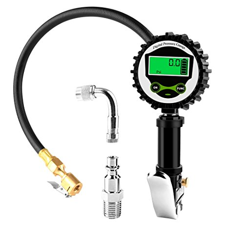 XUZOU Digital Tire Pressure Gauge, 200 PSI Car Tire Inflator Gun, With Straight Lock-On Air Chuck,90 Degree Valve Extender with Rubber Hose and Quick Connect Coupler for Truck, Automobile, Motorcycle