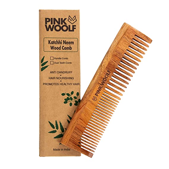 Pink Woolf Organic Neem Wood Comb (LONG) | Women & Men | Natural & Eco Friendly | Wide Tooth Comb, Anti-Bacterial Styling Comb for All Hair Types | Made in India