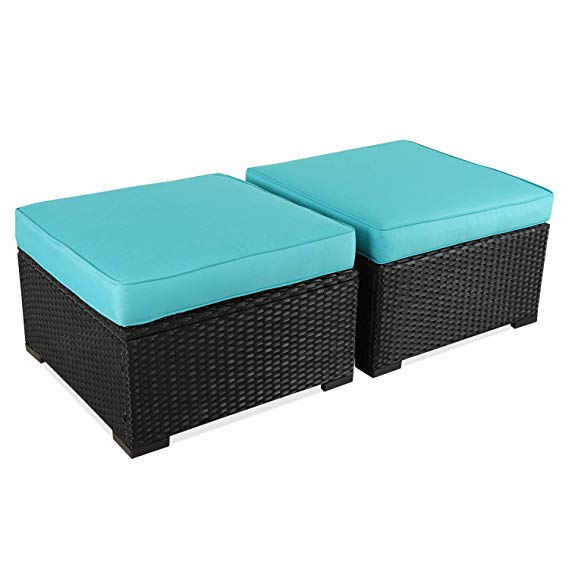 Patio Rattan Wicker Ottoman Seat - Outdoor Footrest with Water Resistant Turquoise Cushions,Set of 2