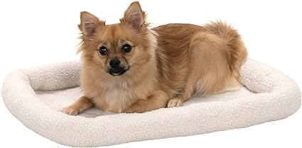 Furhaven Dog Bed for Small Dogs & Indoor Cats, 100% Washable, Sized to Fit Crates - Sherpa Fleece Bolster Crate Pad - Cream, Small, 24.0" L x 18.0" W x 2.3" Th