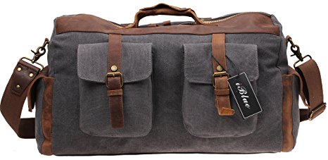 Iblue Leather Travel Duffels GymTote Canvas Weekend Overnight Luggage Bag 21.6in #21858