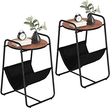 VECELO End Side Table, Round Nightstand with Magazine Storage, for Living Room Bedside Small Space, Set of 2, Brown, 2 Pack