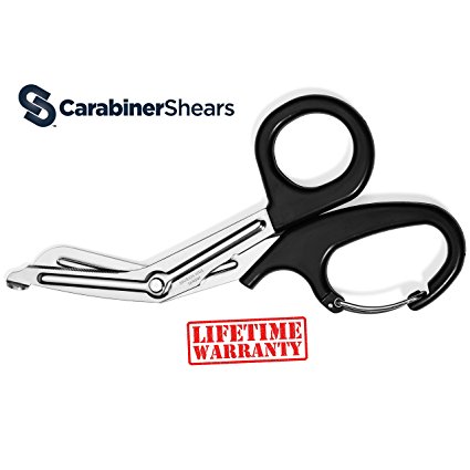 EMT Trauma Shears with Carabiner - Stainless Steel Bandage Scissors for Surgical, Medical & Nursing Purposes - Sharp Curved Scissor is Perfect for EMS, Doctors, Nurses, Cutting Bandages [Black]