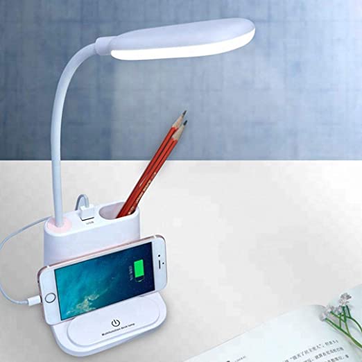 Wemake USB Rechargeable LED Desk Lamp Touch White and Warm Light Dimming Setting Table Lamp for Children Reading Study 1200Mah Power Bank Pen Holder and Phone Multi-Functional Desk Lamp (White)