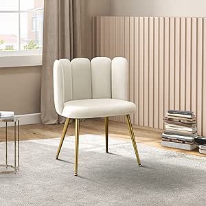 HULALA HOME Velvet Accent Chairs Modern Vanity Chairs for Makeup Room, Comfy Upholstered Dining Chairs for Living Room with Shell Back and Golden Metal Legs/Ivory