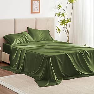 Love's cabin Satin King Sheet Sets - 4 Piece Sage Silky Satin Sheets King Size Bed Set with Deep Pocket, Luxury Silk Feel King Size Satin Sheet Set (1 Flat Sheet,1 Fitted Sheet,2 Pillow cases)