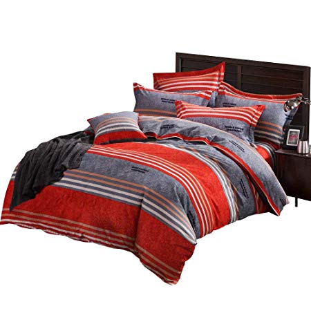 Ustide Striped Boho Duvet Cover Set Red and Gray Bedding Quilt Case 100% Cotton Bedding Set Double Size