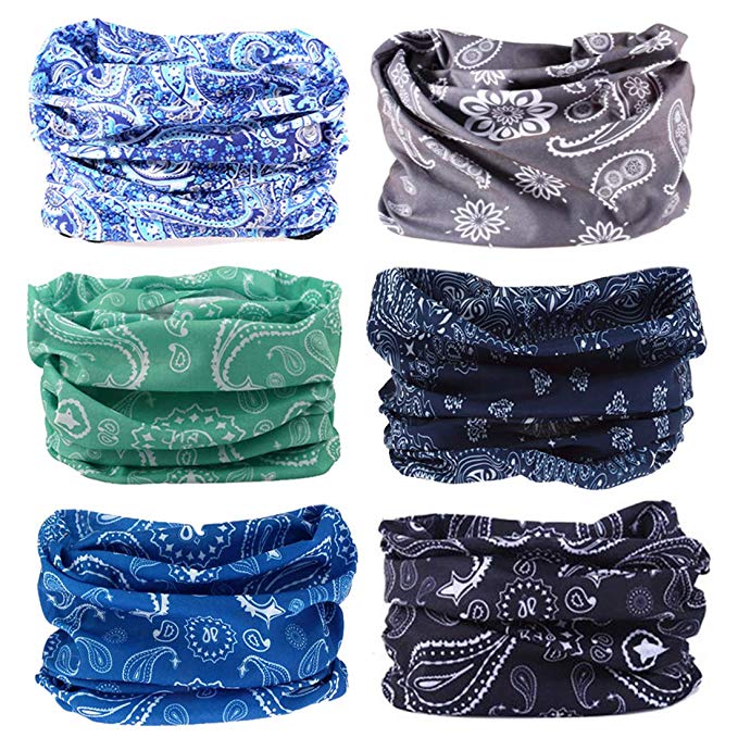 FAYBOX 6pcs Magic Wide Wicking Headbands for Men and Women Outdoor Headwear Bandana Sports Scarf Tube UV Face Mask for Workout Yoga Running