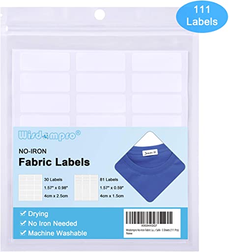 Wisdompro No-Iron Fabric Labels, Writable Clothing Labels Name Labels for Daycare, School and Nursing Home, Washer and Dryer Safe - 5 Sheets (111 Pcs)