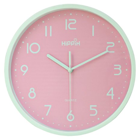 Hippih 10" Silent Non-ticking Quartz Digital Wall Clock with Glass Cover (Pink)