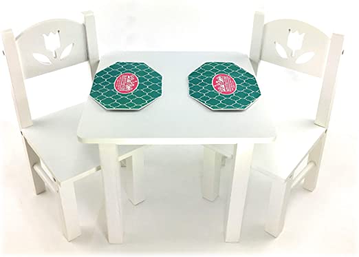 Matty's Toy Stop 18 Inch Doll Furniture White Wooden Table and Chairs Set with Placemats (Floral Design) - Fits American Girl Dolls