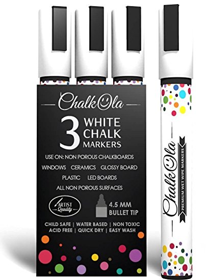 White Chalk Markers - Pack of 3 liquid chalk pens - Used on Chalkboard, Windows, Blackboard, Labels, Cafe & Bistro - Water based wet wipe erasable pen - 4.5 mm Reversible bullet & chisel Tip