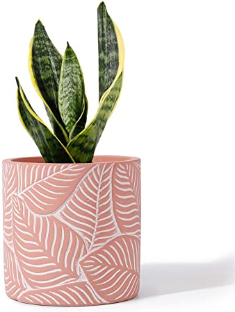 POTEY Cement Planter Flower Pot - 4.7" Vintage Indoor Plants Containers Unglazed Medium Bonsai with Drain Hole - Pink, Leaf