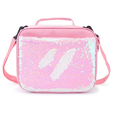 Flip Sequin Insulated Lunch Bag Durable Thermal Reusable Lunch Tote Glitter Mermaid Lunch Box for Girls(Pink)