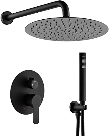 Shower System Black, Shower Faucet Set Complete Rain Shower Head with Handheld Shower, Bathroom Wall Mounted Rain Shower Fixture with Handheld Kit (Round Black Shower 12''  Rough Valve)