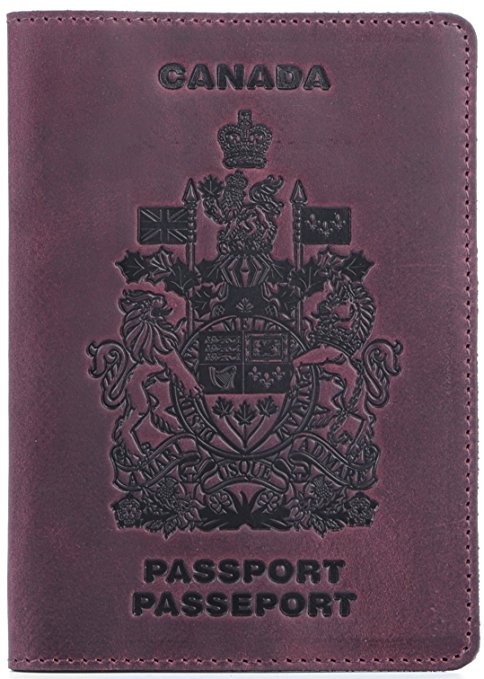 Shvigel Passport Cover - 100% Genuine Leather - Arms of Canada Embossing - for Men & Women - Passeport Holder - Modern Travel Document Case (Maroon Vintage)