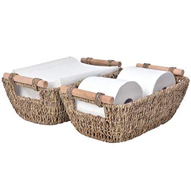 StorageWorks Hand-Woven Wicker Baskets, Seagrass Decorative Baskets with Wooden Handles, Medium, 12" x 6.3" x 4.3", 2-Pack