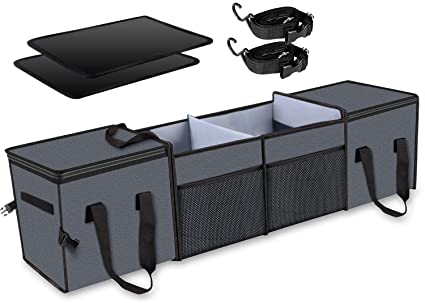 X-cosrack Car Trunk Organizer ,Storage with Insulation Cooler Bags for SUV,Truck,Automotive,Van,Cargo Collapsible Portable Multi Compartments with Straps, 4 Compartments Convertible, Washable