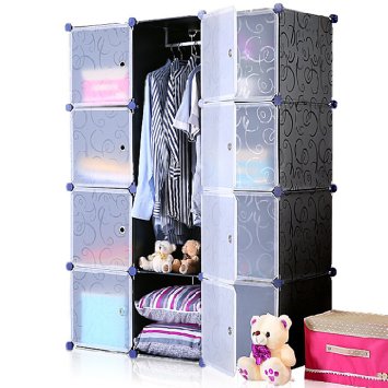 Unicoo - Multi Use DIY Plastic 12 Cube Organizer, Bookcase, Storage Cabinet, Wardrobe Closet Black with White Door (Deeper Cube)