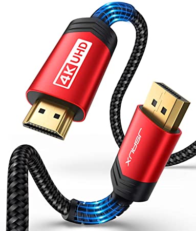 4K@60Hz DisplayPort to HDMI Cable 10FT, JSAUX Display Port to HDMI 2.0/ DP to HDMI Uni-Directional UHD Support 4K@60Hz, 2K@144Hz, 1080P@144Hz, Eyefinity Multi-Display for TV, Monitor, Display -Red