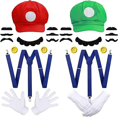 iZoeL Mario Bros Mario and Luigi Hats Caps 2 Suspenders 14 Mustaches 4 Gloves 4 Buttons Cosplay Costume for Halloween Costumes Women Men Kid