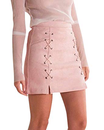 ZongSen Women's Short Lace Up Slit Pencil Faux Suede Mini Skirt