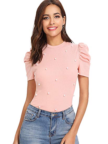 Romwe Women's Elegant Pearl Embellished Puff Short Sleeve Blouse Tops