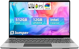 jumper Laptop, 12GB LPDDR4 RAM, 512GB SSD ROM, 14 Inch 1080p FHD IPS Screen, Windows 11 Laptops Computer with Celeron 4-Core Processor, UHD Graphics 600, 2 Stereo Speaker, Portable.