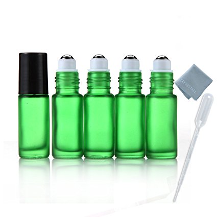 Elfenstall- 5pcs Thick 5ml(1/6oz) Roll on Glass Bottle Frosted green for Essential Oil Empty Aromatherapy Perfume Bottle - Refillable w/ Stainless Steel Roller Ball 3ml Pipette dropper